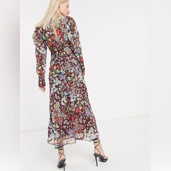 ASOS Design Brown Maxi Dress w/ Puff Sleeves in Vintage Floral Pattern - Picture 2 of 10